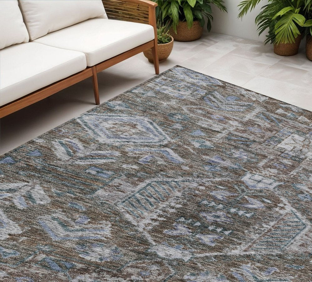 8' X 10' Chocolate And Denim Blue Medallion Washable Indoor Outdoor Area Rug HomeRoots
