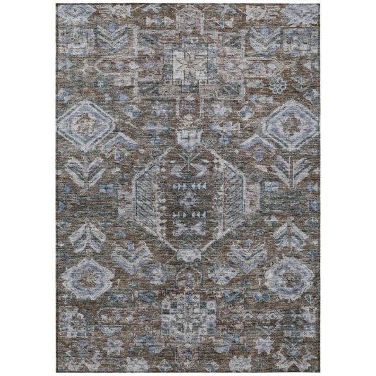 8' X 10' Chocolate And Denim Blue Medallion Washable Indoor Outdoor Area Rug