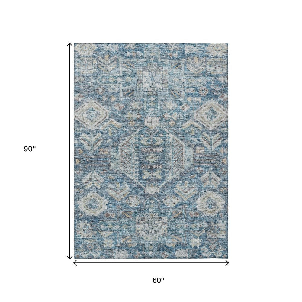 5' X 8' Denim Blue And Ivory Medallion Washable Indoor Outdoor Area Rug HomeRoots