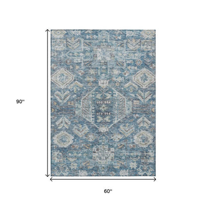 5' X 8' Denim Blue And Ivory Medallion Washable Indoor Outdoor Area Rug HomeRoots