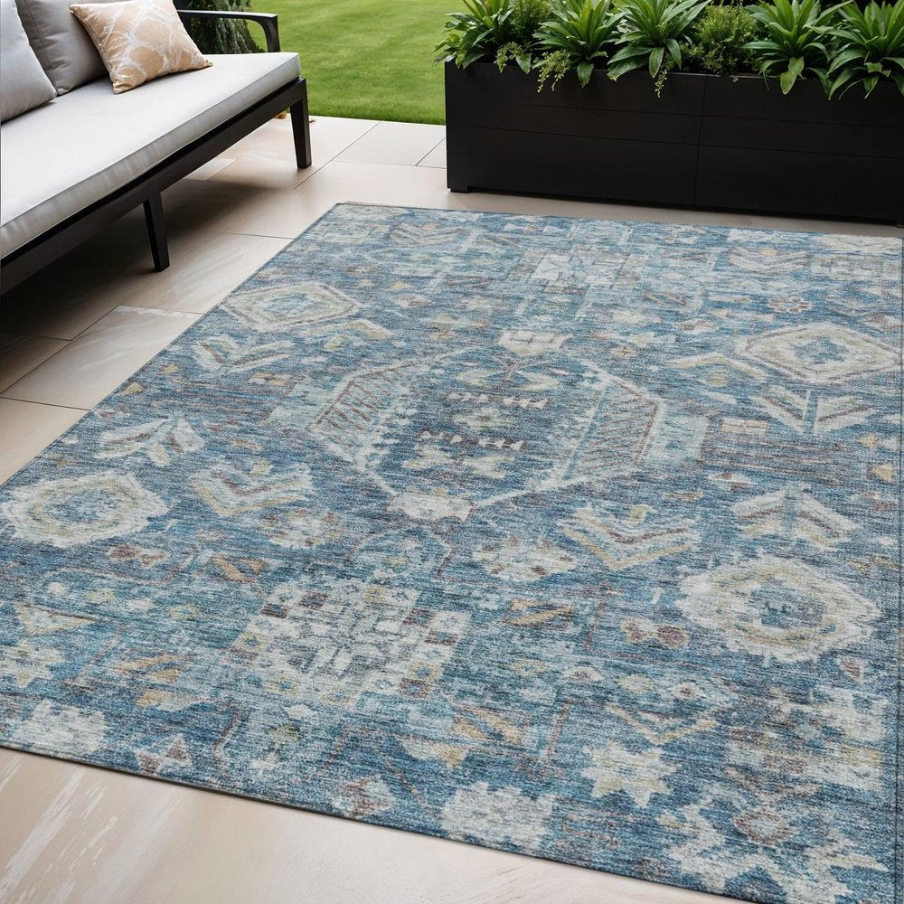 5' X 8' Denim Blue And Ivory Medallion Washable Indoor Outdoor Area Rug — view 8