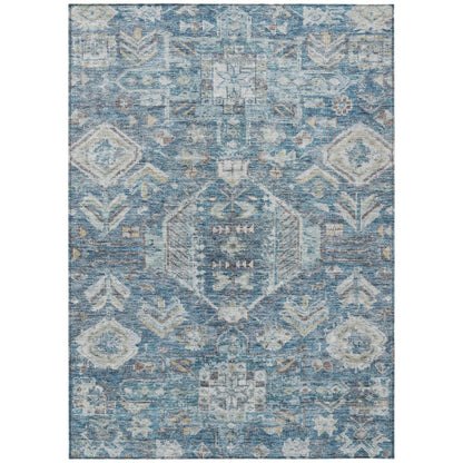 5' X 8' Denim Blue And Ivory Medallion Washable Indoor Outdoor Area Rug