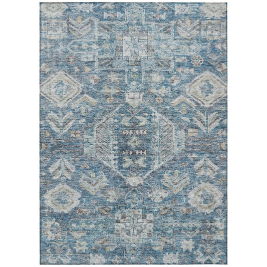 5' X 8' Denim Blue And Ivory Medallion Washable Indoor Outdoor Area Rug