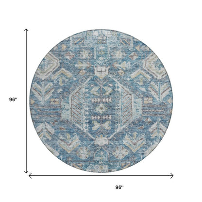 8' Denim Blue And Ivory Round Medallion Washable Indoor Outdoor Area Rug