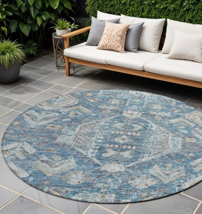 8' Denim Blue And Ivory Round Medallion Washable Indoor Outdoor Area Rug HomeRoots