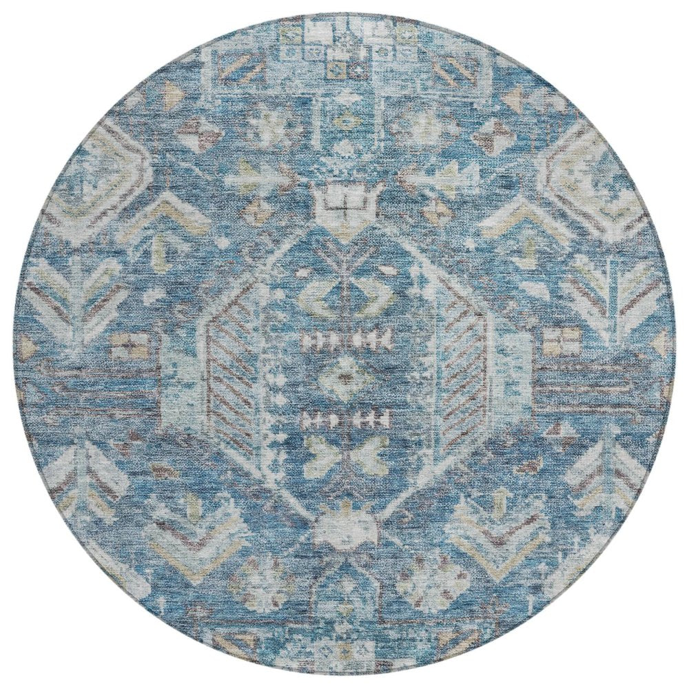 8' Denim Blue And Ivory Round Medallion Washable Indoor Outdoor Area Rug HomeRoots