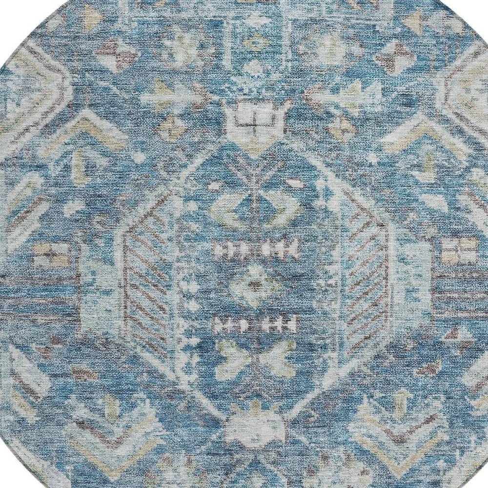 8' Denim Blue And Ivory Round Medallion Washable Indoor Outdoor Area Rug HomeRoots