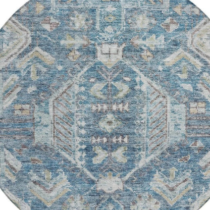8' Denim Blue And Ivory Round Medallion Washable Indoor Outdoor Area Rug HomeRoots