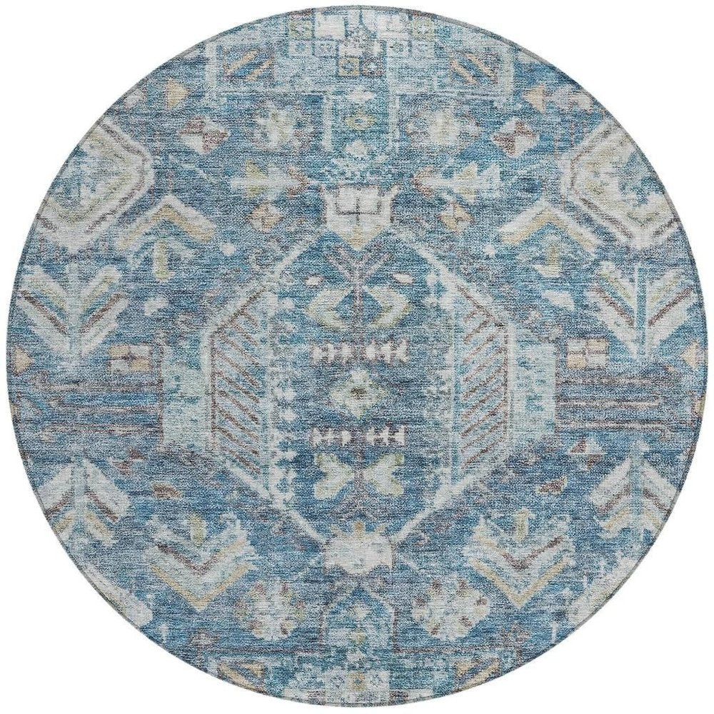 8' Denim Blue And Ivory Round Medallion Washable Indoor Outdoor Area Rug HomeRoots