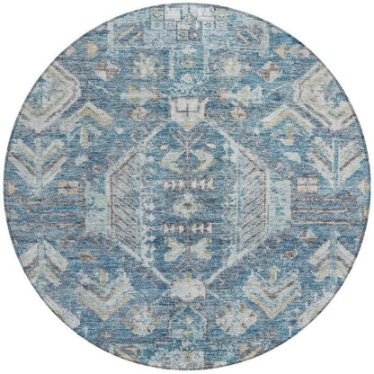 8' Denim Blue And Ivory Round Medallion Washable Indoor Outdoor Area Rug HomeRoots