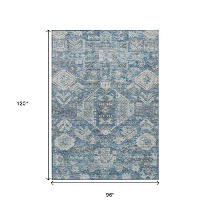 8' X 10' Denim Blue And Ivory Medallion Washable Indoor Outdoor Area Rug HomeRoots