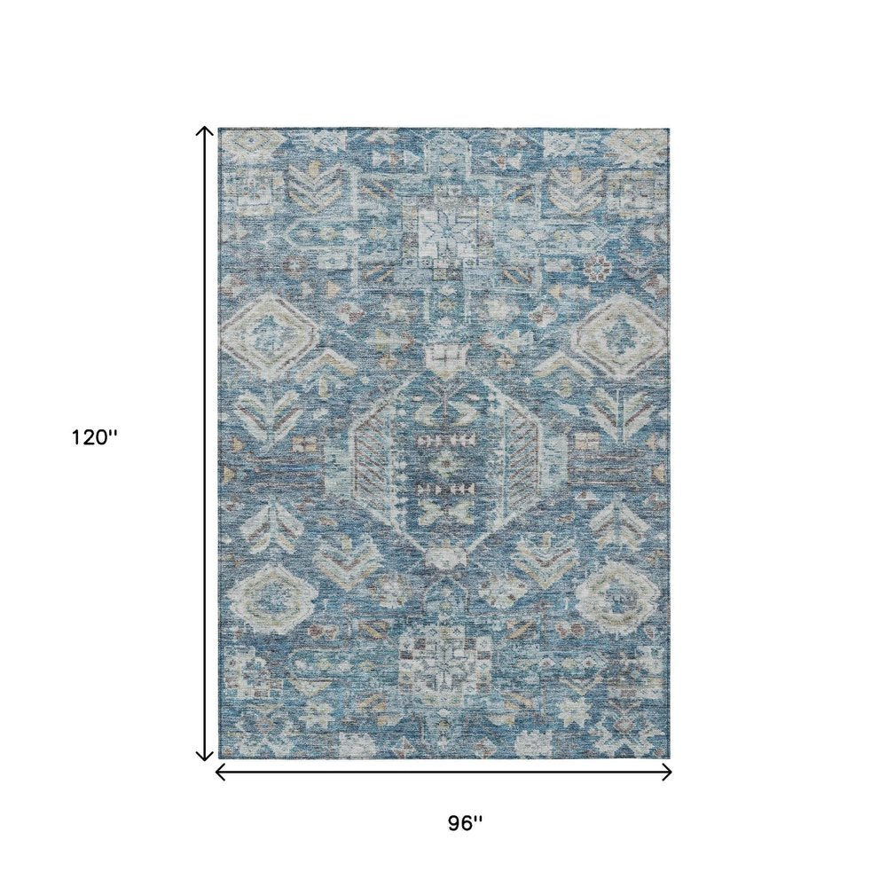 8' X 10' Denim Blue And Ivory Medallion Washable Indoor Outdoor Area Rug — view 7