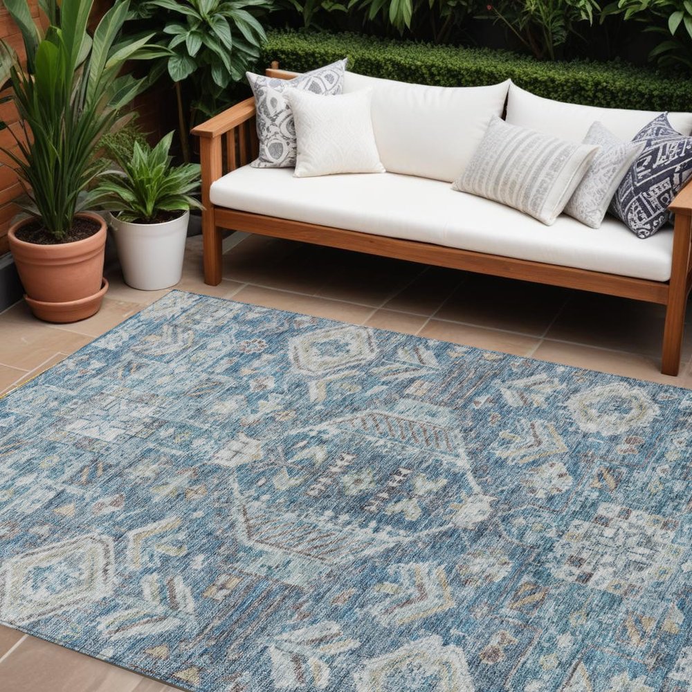 8' X 10' Denim Blue And Ivory Medallion Washable Indoor Outdoor Area Rug — view 8