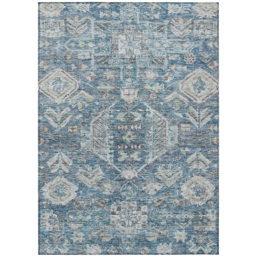 8' X 10' Denim Blue And Ivory Medallion Washable Indoor Outdoor Area Rug — view 1