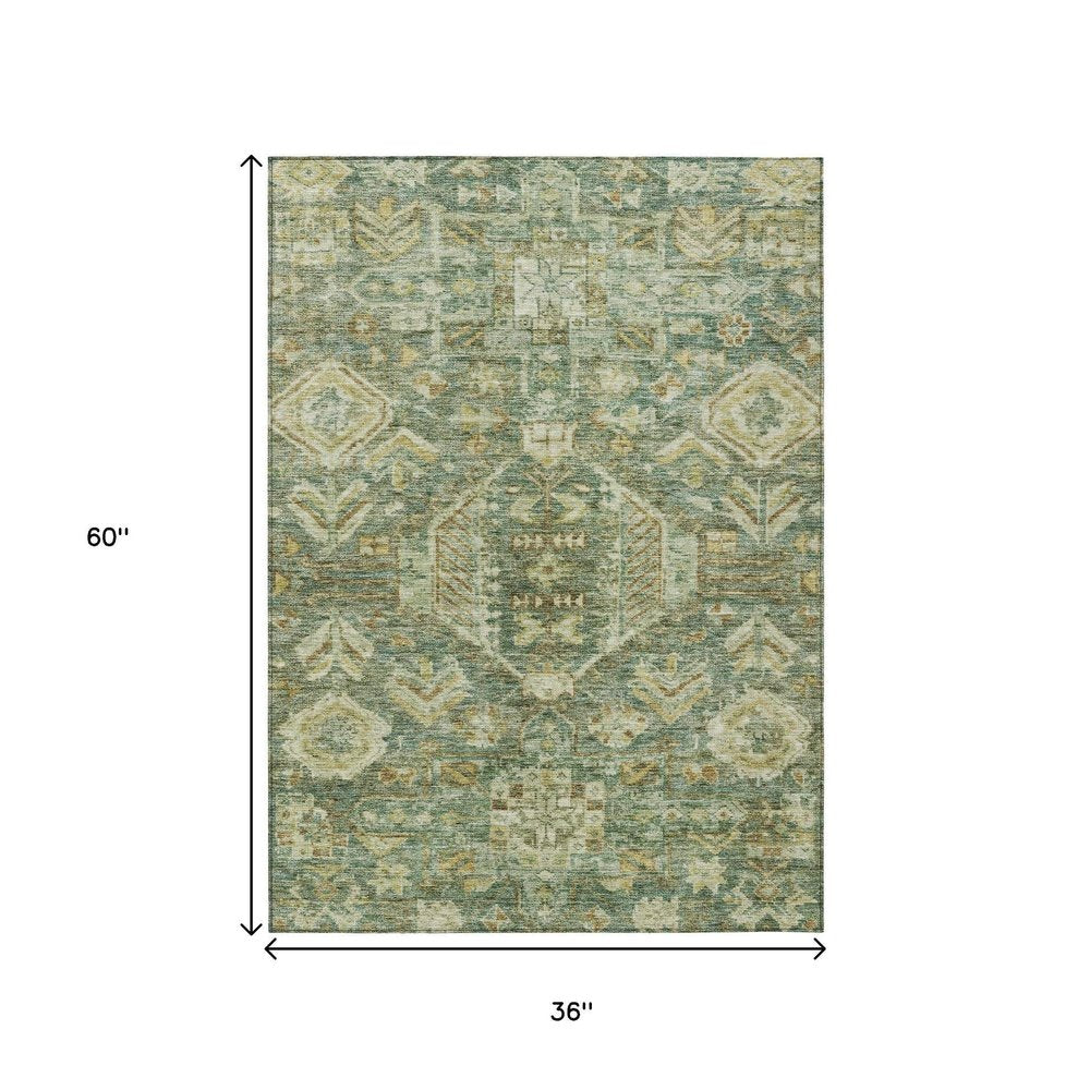 3' X 5' Fern Green And Gold Medallion Washable Indoor Outdoor Area Rug — view 7