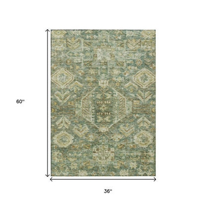 3' X 5' Fern Green And Gold Medallion Washable Indoor Outdoor Area Rug HomeRoots