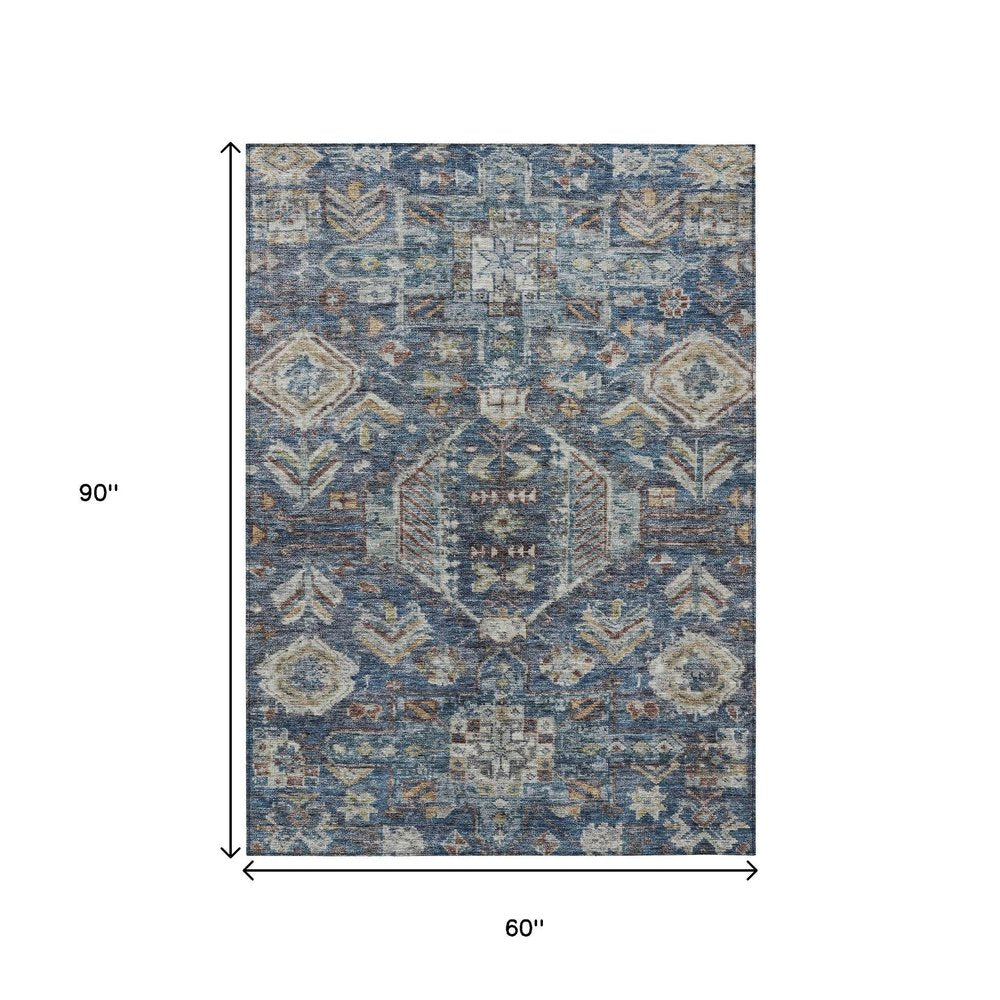 5' X 8' Navy Blue Ivory And Beige Medallion Washable Indoor Outdoor Area Rug
