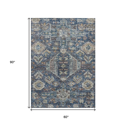 5' X 8' Navy Blue Ivory And Beige Medallion Washable Indoor Outdoor Area Rug