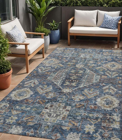 5' X 8' Navy Blue Ivory And Beige Medallion Washable Indoor Outdoor Area Rug HomeRoots