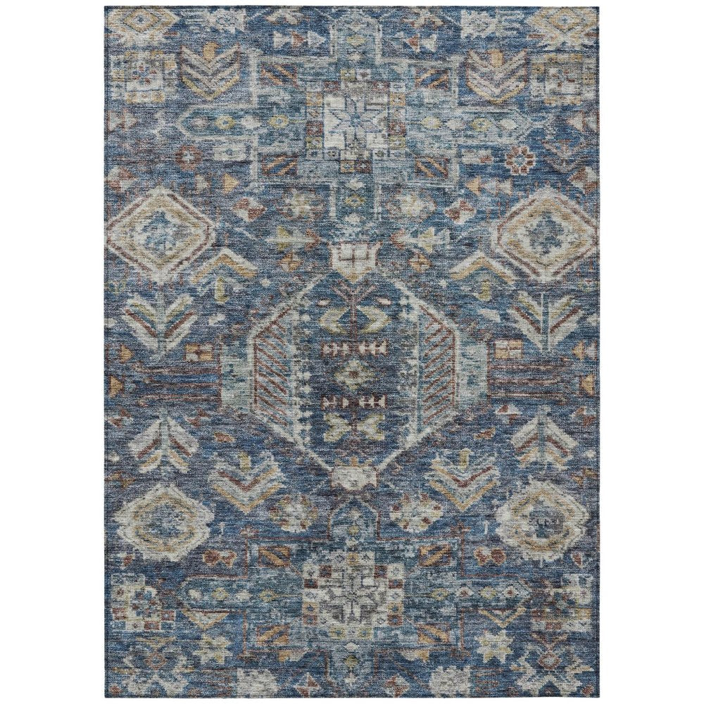 5' X 8' Navy Blue Ivory And Beige Medallion Washable Indoor Outdoor Area Rug — view 1