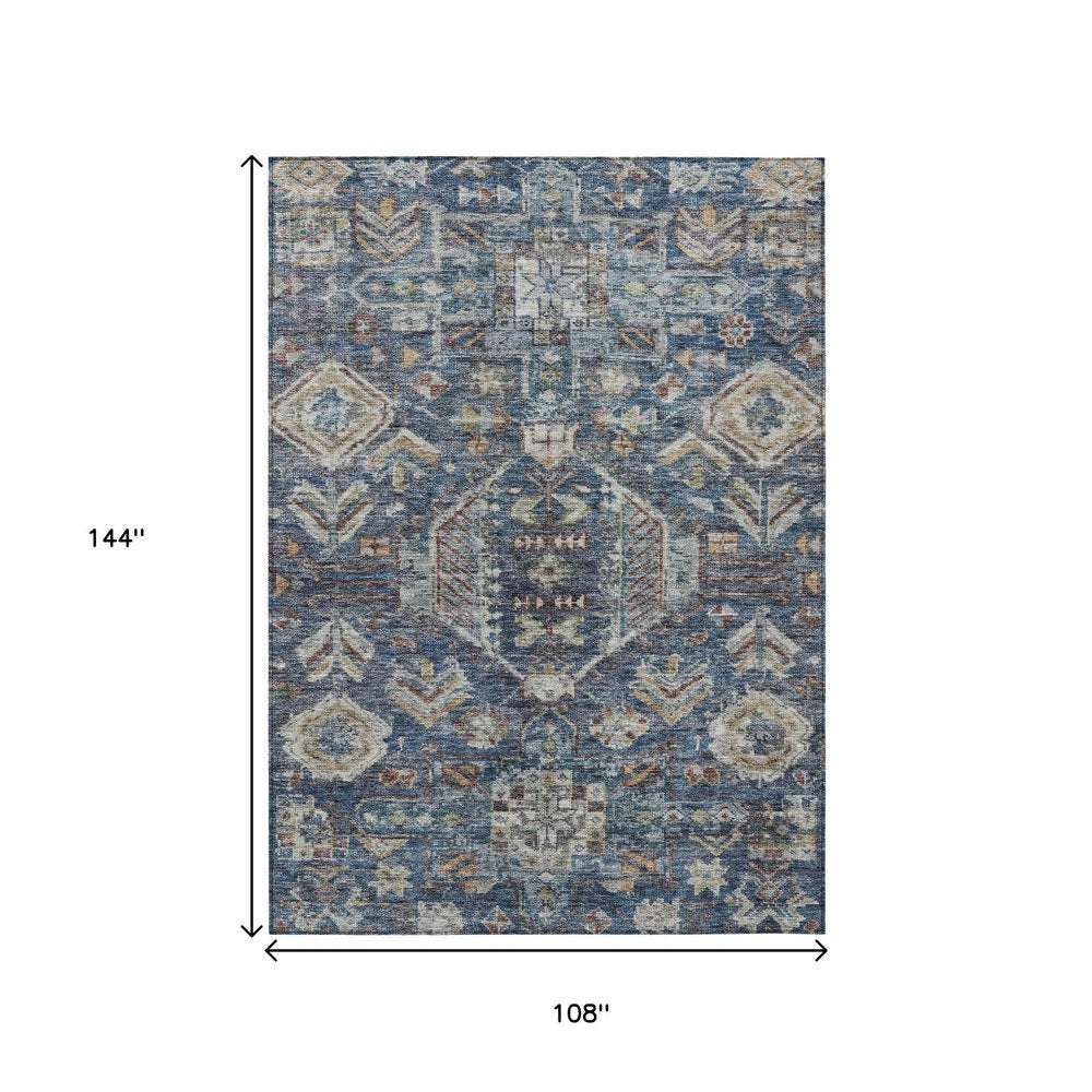 9' X 12' Navy Blue Ivory And Beige Medallion Washable Indoor Outdoor Area Rug HomeRoots