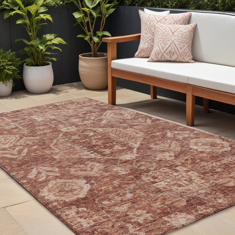9' X 12' Rust And Beige Medallion Washable Indoor Outdoor Area Rug — view 8