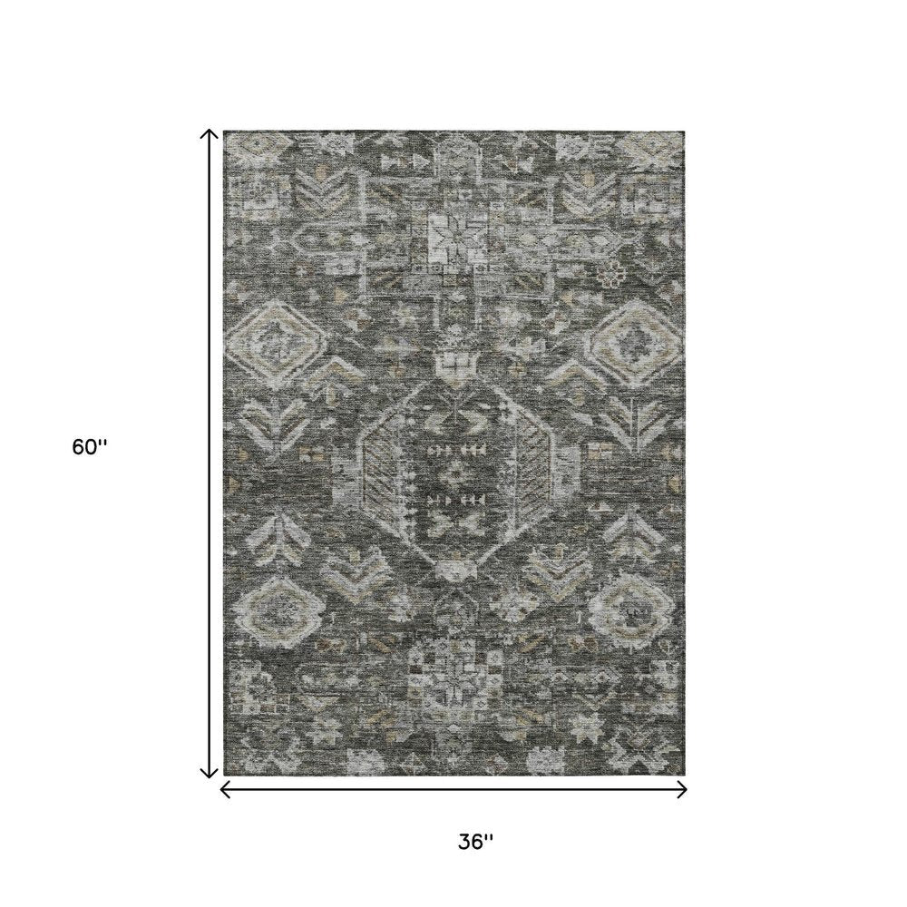 3' X 5' Pewter And Silver Medallion Washable Indoor Outdoor Area Rug — view 7