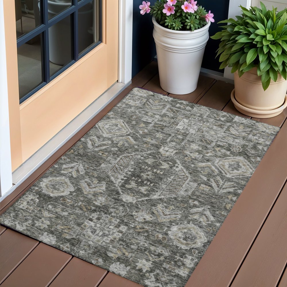 3' X 5' Pewter And Silver Medallion Washable Indoor Outdoor Area Rug — view 8