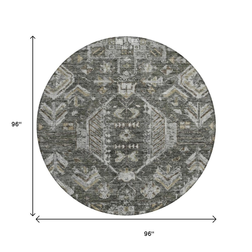 8' Pewter And Silver Round Medallion Washable Indoor Outdoor Area Rug — view 5