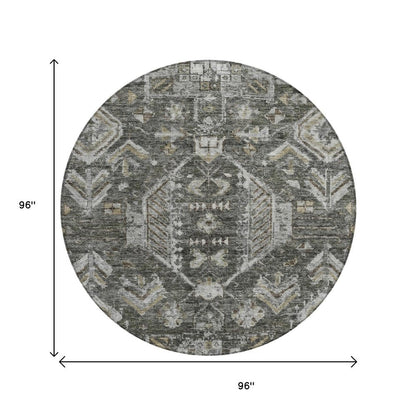8' Pewter And Silver Round Medallion Washable Indoor Outdoor Area Rug HomeRoots