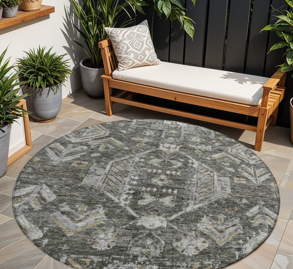 8' Pewter And Silver Round Medallion Washable Indoor Outdoor Area Rug HomeRoots