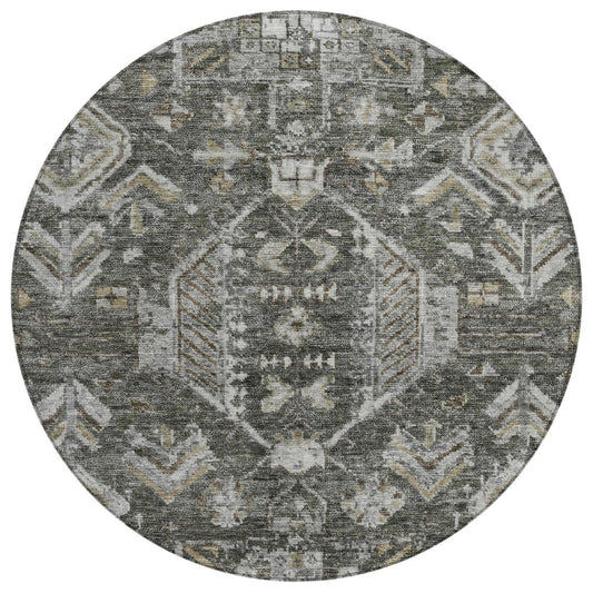 8' Pewter And Silver Round Medallion Washable Indoor Outdoor Area Rug