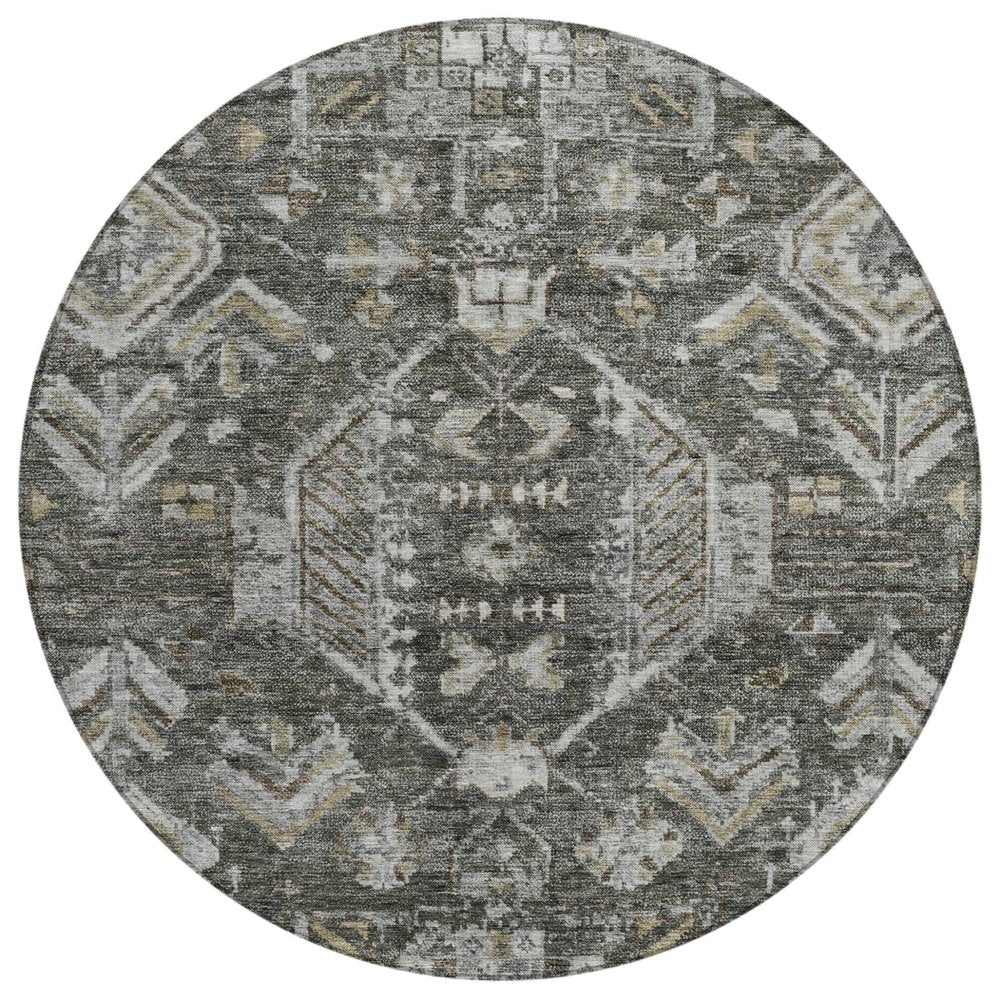 8' Pewter And Silver Round Medallion Washable Indoor Outdoor Area Rug HomeRoots