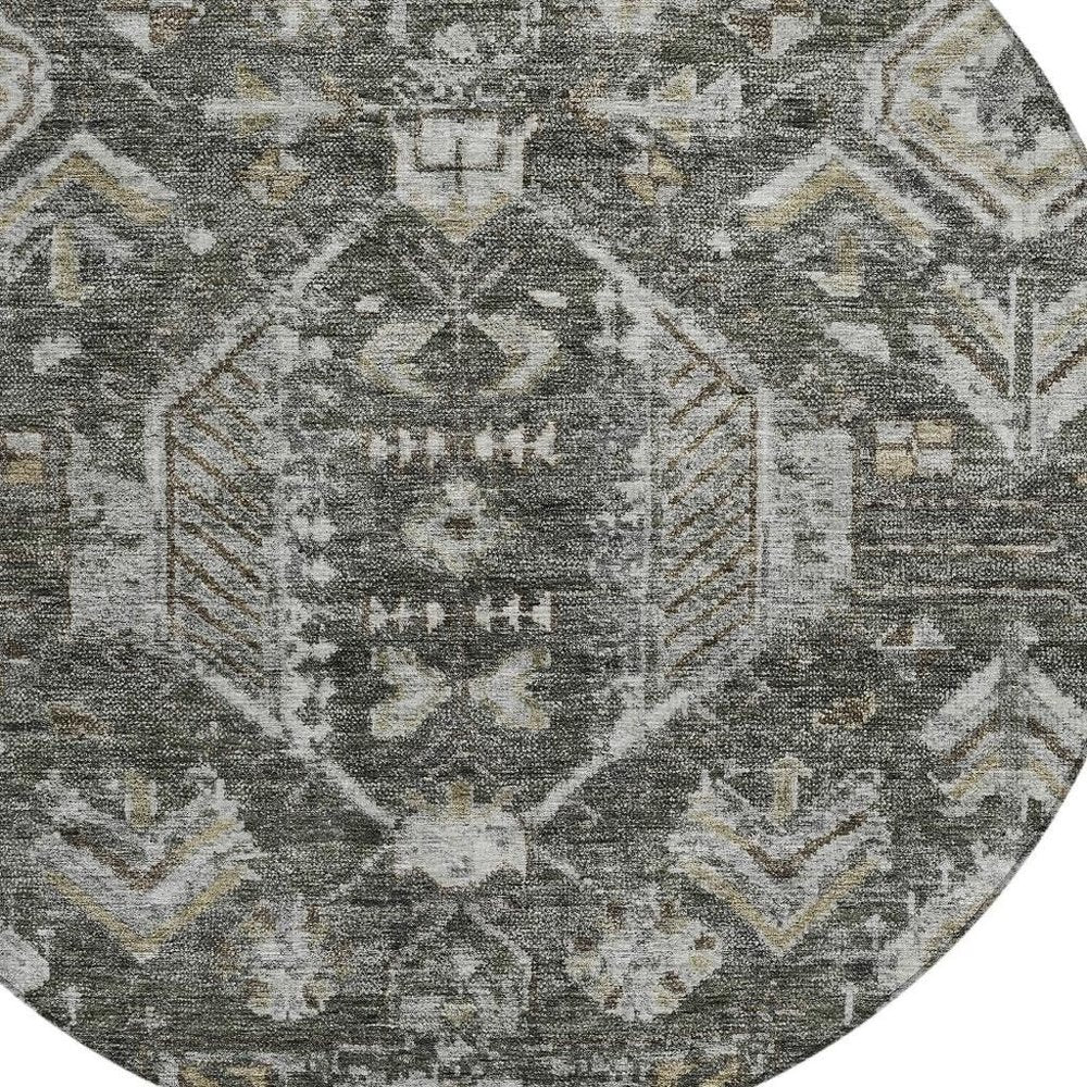 8' Pewter And Silver Round Medallion Washable Indoor Outdoor Area Rug HomeRoots
