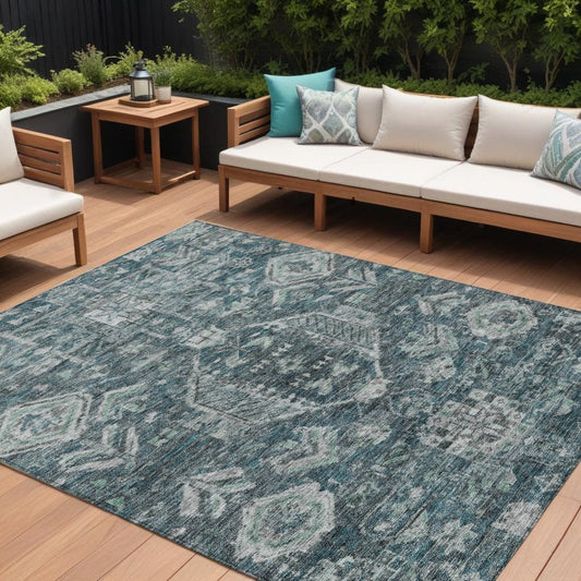 8' X 10' Teal Blue And Silver Medallion Washable Indoor Outdoor Area Rug