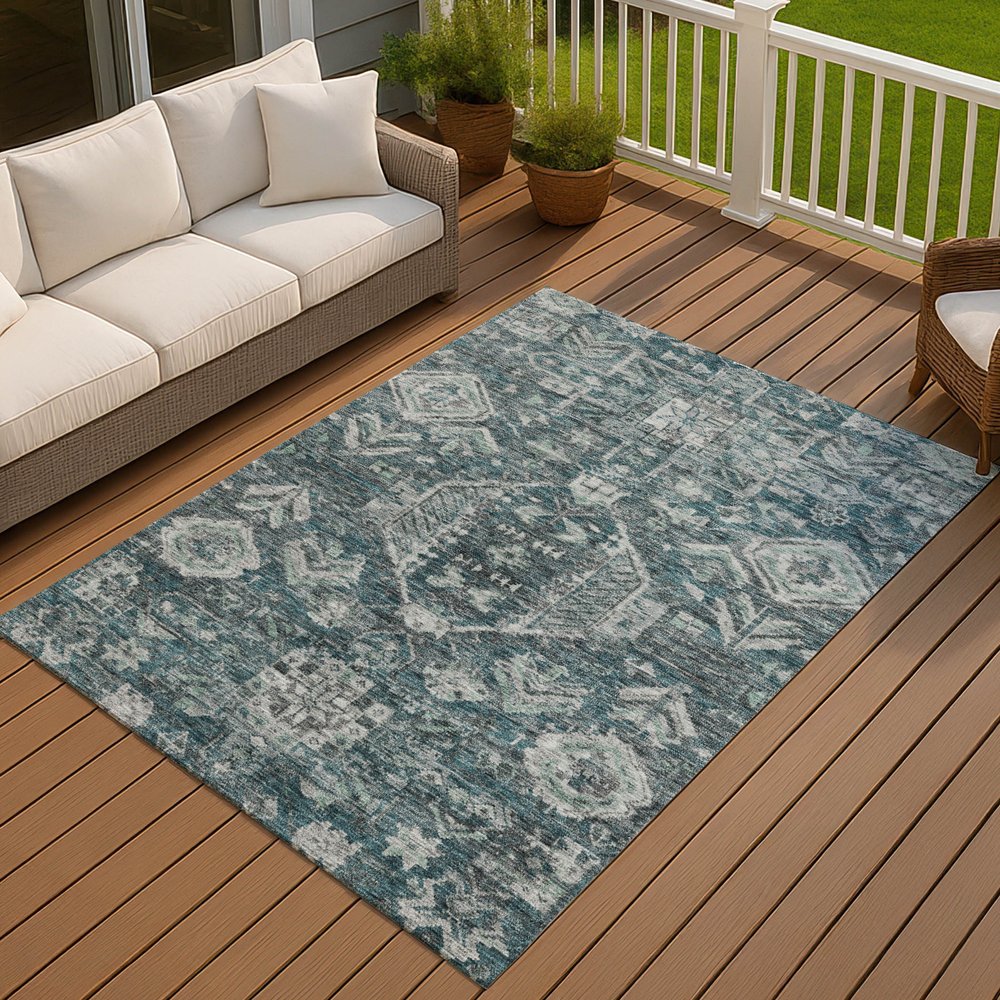8' X 10' Teal Blue And Silver Medallion Washable Indoor Outdoor Area Rug — view 6