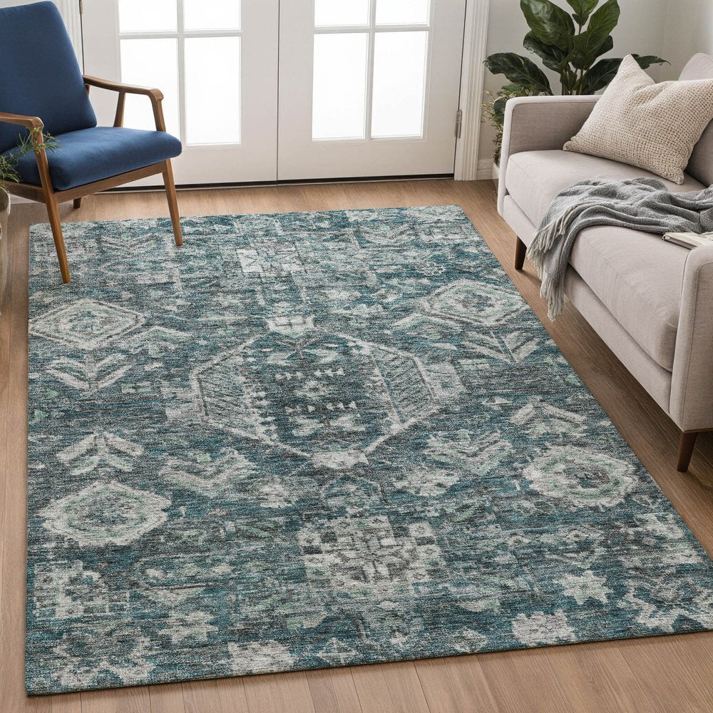 8' X 10' Teal Blue And Silver Medallion Washable Indoor Outdoor Area Rug — view 7