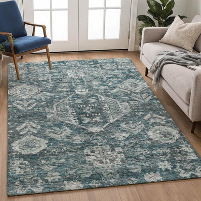 8' X 10' Teal Blue And Silver Medallion Washable Indoor Outdoor Area Rug HomeRoots