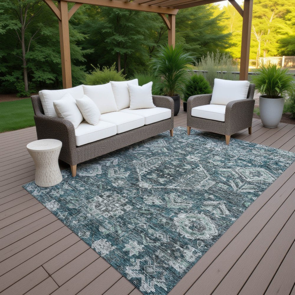 8' X 10' Teal Blue And Silver Medallion Washable Indoor Outdoor Area Rug HomeRoots