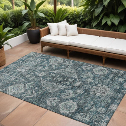 9' X 12' Teal Blue And Silver Medallion Washable Indoor Outdoor Area Rug HomeRoots