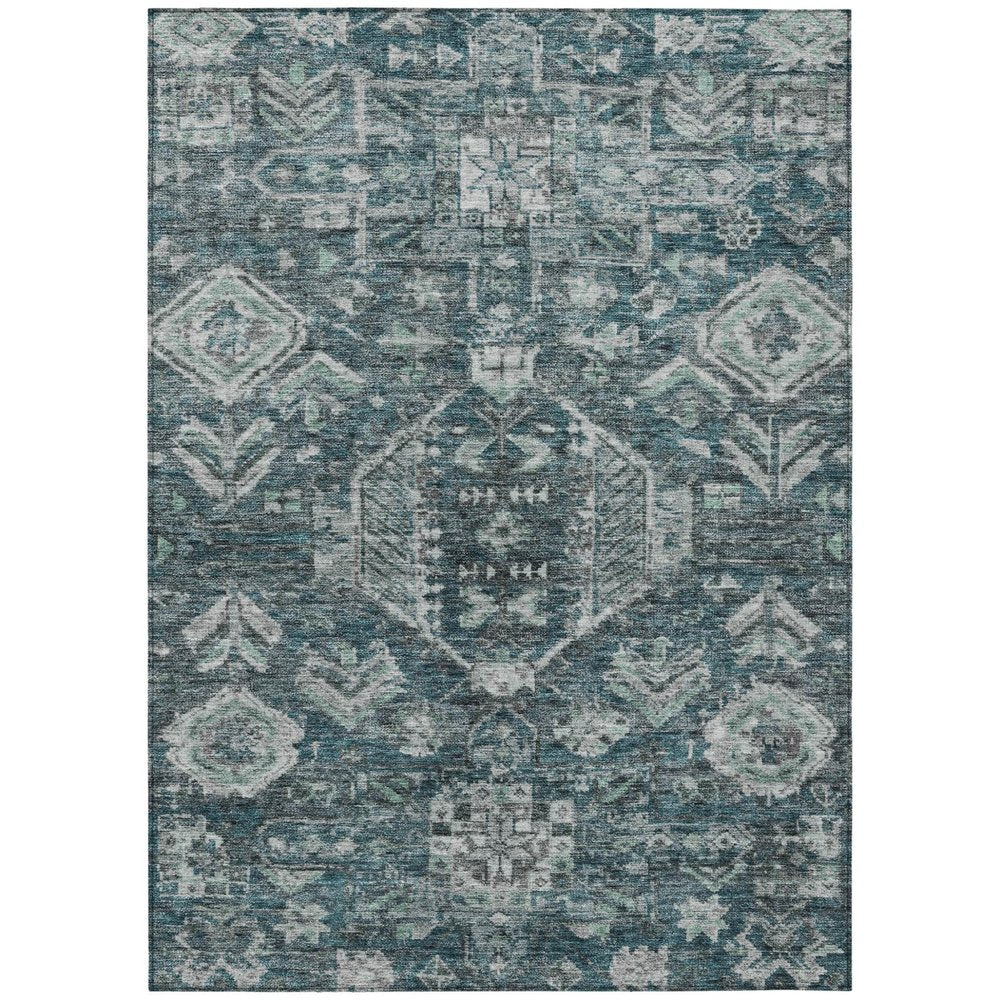 9' X 12' Teal Blue And Silver Medallion Washable Indoor Outdoor Area Rug — view 1