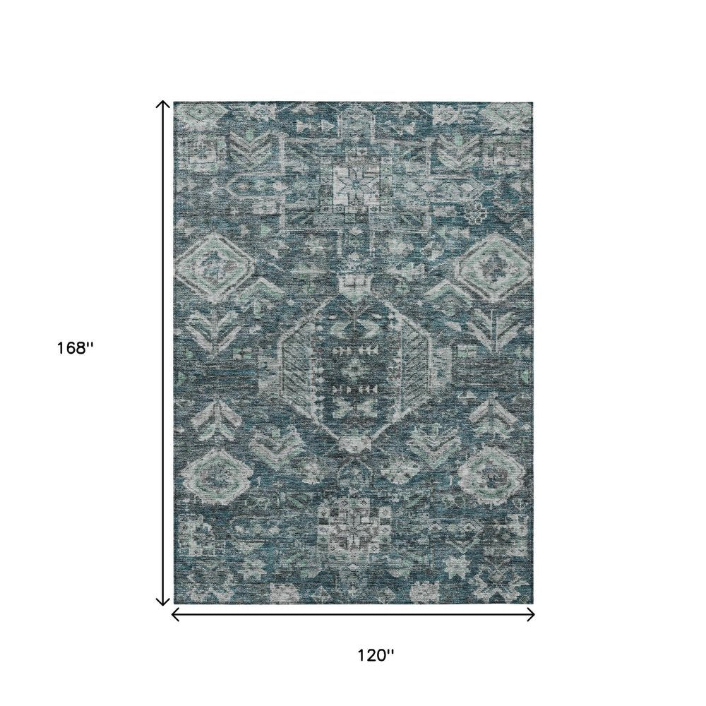 10' X 14' Teal Blue And Silver Medallion Washable Indoor Outdoor Area Rug — view 7
