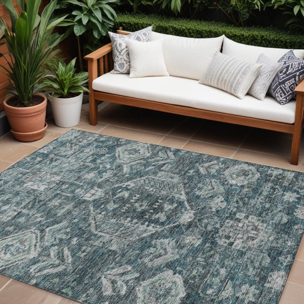 10' X 14' Teal Blue And Silver Medallion Washable Indoor Outdoor Area Rug — view 8