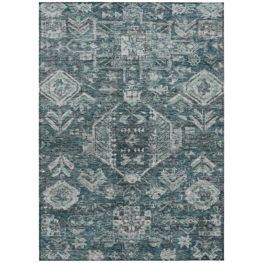 10' X 14' Teal Blue And Silver Medallion Washable Indoor Outdoor Area Rug