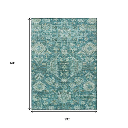 3' X 5' Turquoise And Teal Blue Medallion Washable Indoor Outdoor Area Rug HomeRoots