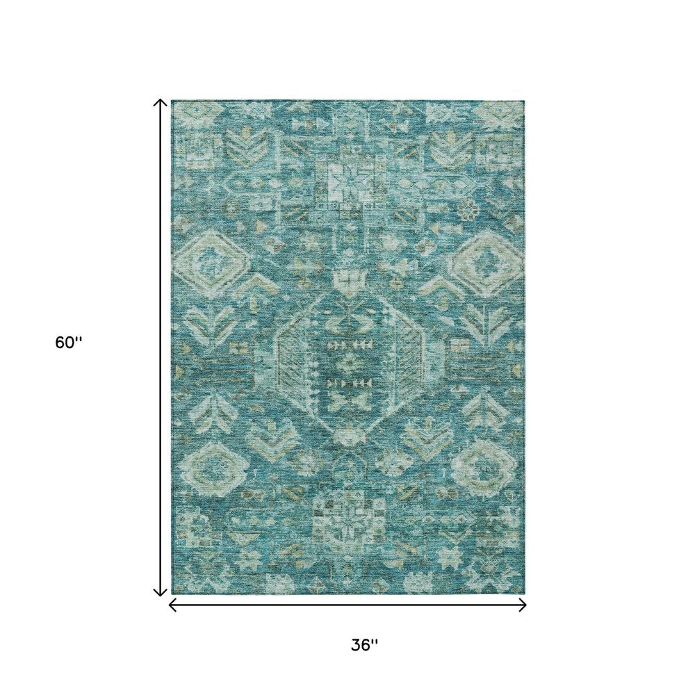 3' X 5' Turquoise And Teal Blue Medallion Washable Indoor Outdoor Area Rug