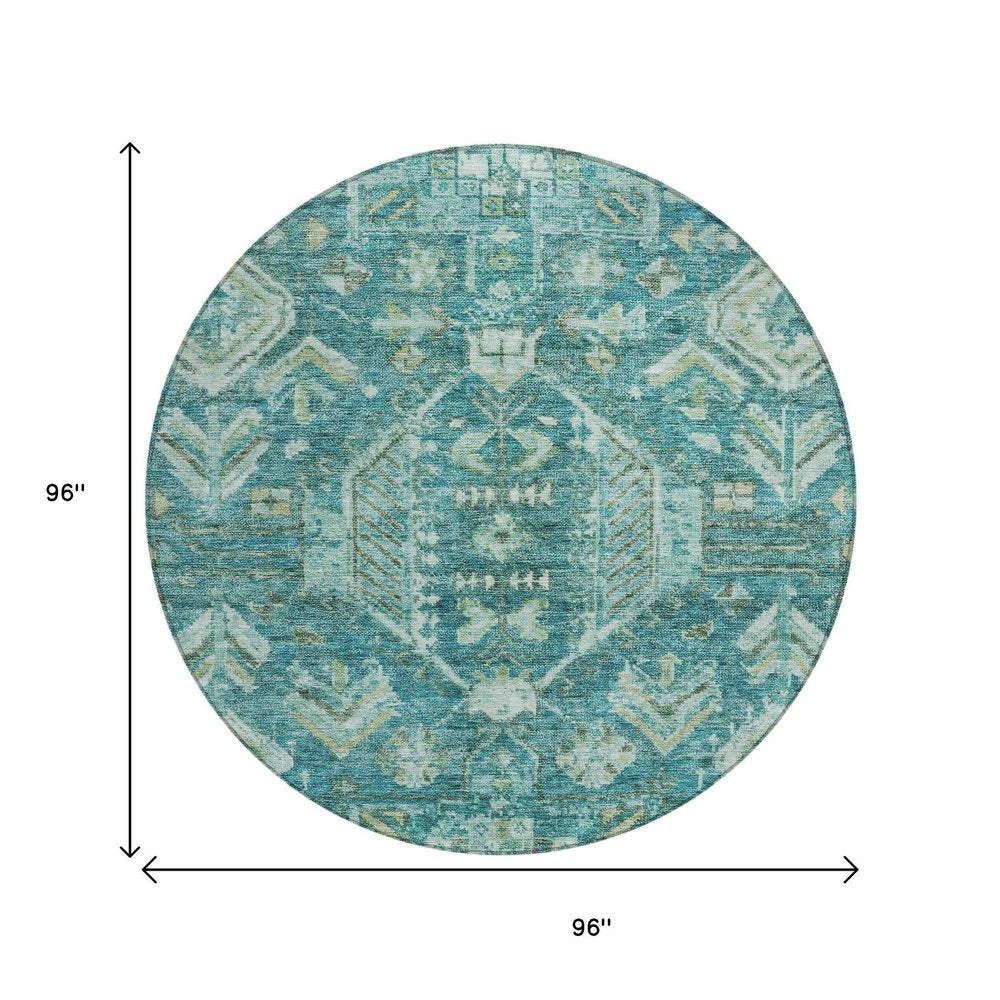 8' Turquoise And Teal Blue Round Medallion Washable Indoor Outdoor Area Rug HomeRoots