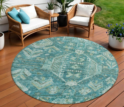 8' Turquoise And Teal Blue Round Medallion Washable Indoor Outdoor Area Rug