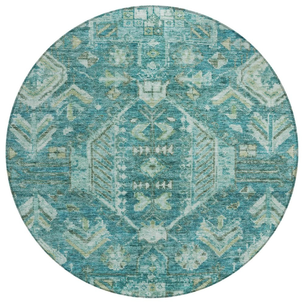 8' Turquoise And Teal Blue Round Medallion Washable Indoor Outdoor Area Rug HomeRoots