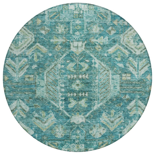 8' Turquoise And Teal Blue Round Medallion Washable Indoor Outdoor Area Rug